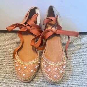 Redtag Elegant Tan and Orange Espadrilles with Pearl Detailing 7